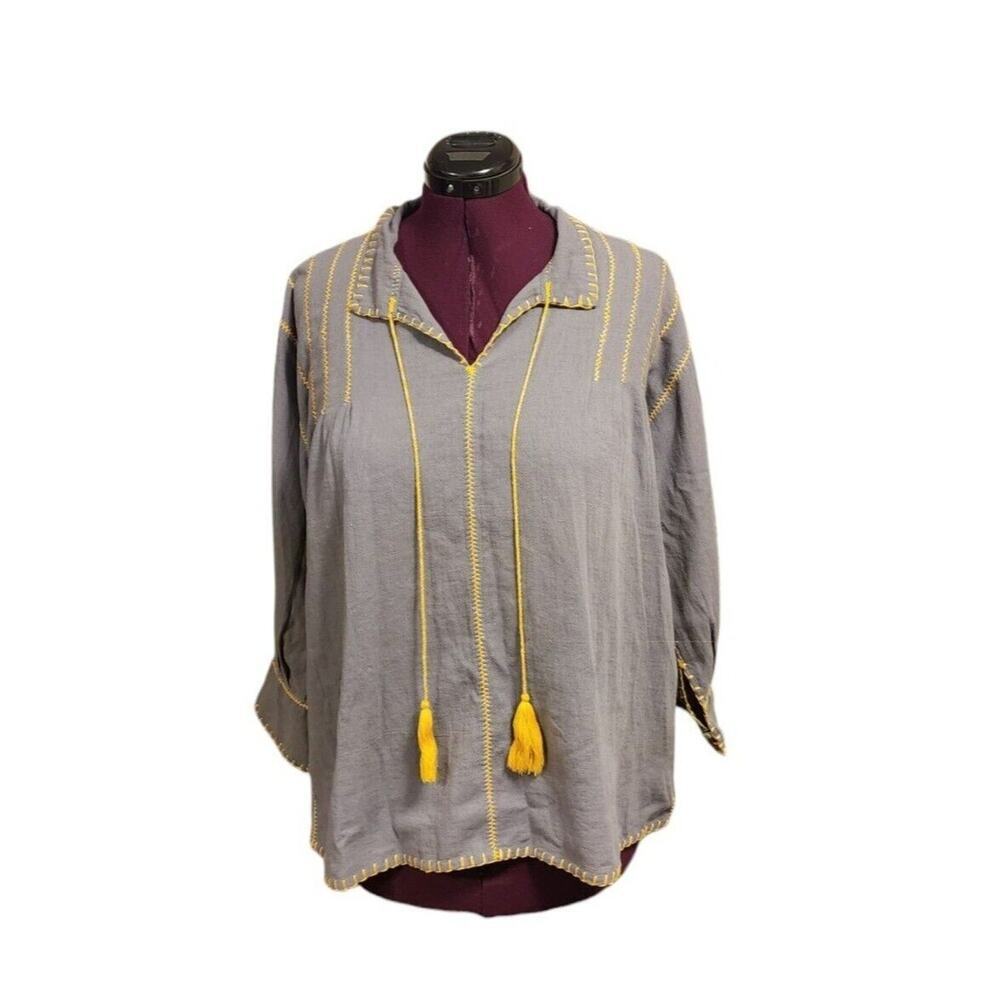 Sister Mary Women's Size L Boho Embroidered Top With Tassels Gray/Yellow